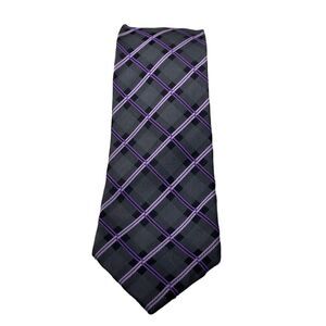 Geoffrey Beene Mens Black Grey Purple Geometric Pattern  100% Silk Neck Tie